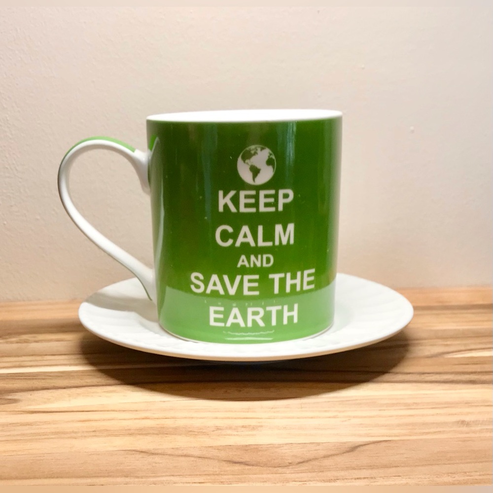KENT POTTERY Green White Keep Calm & Save the Earth Ceramic Mug Cup Bonus Saucer